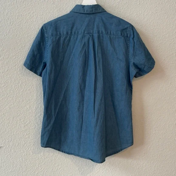 Aspesi Blue Denim Ruffle-Front Short Sleeve button front Shirt size Small - Picture 3 of 8
